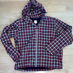 Lands' End Canvas Red and White and Black Plaid Hooded Jacket size large zip up